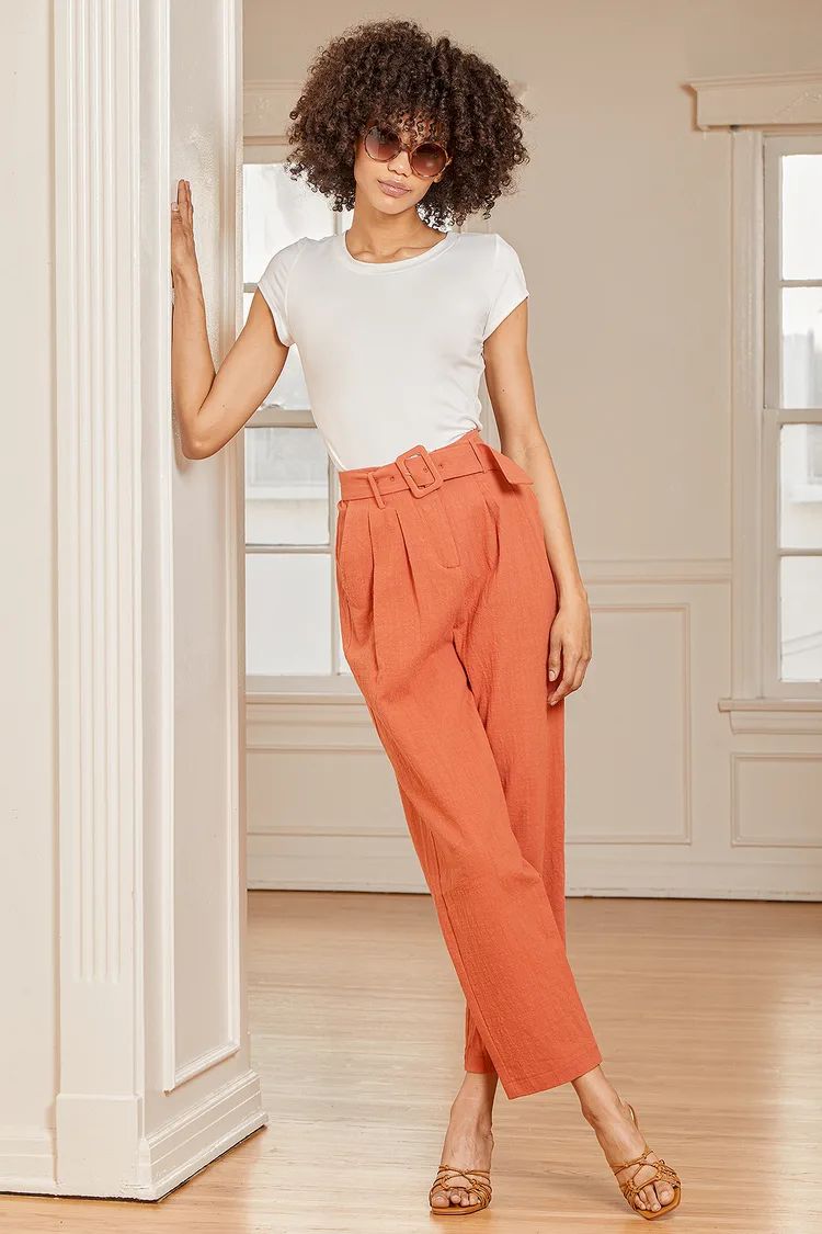 It-Girl Goals Terra Cotta High-Waisted Belted Tapered Pants | Lulus (US)