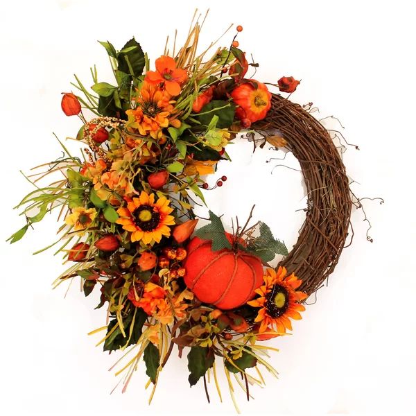 Fall Pumpking Sunflower Half 22" Silk Wreath | Wayfair North America