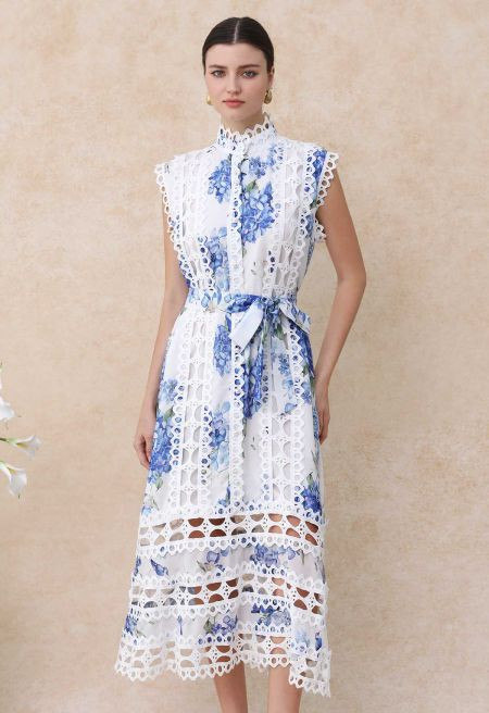 Blue Hydrangea Printed Cutwork Lace Trim Sleeveless Midi Dress | Chicwish