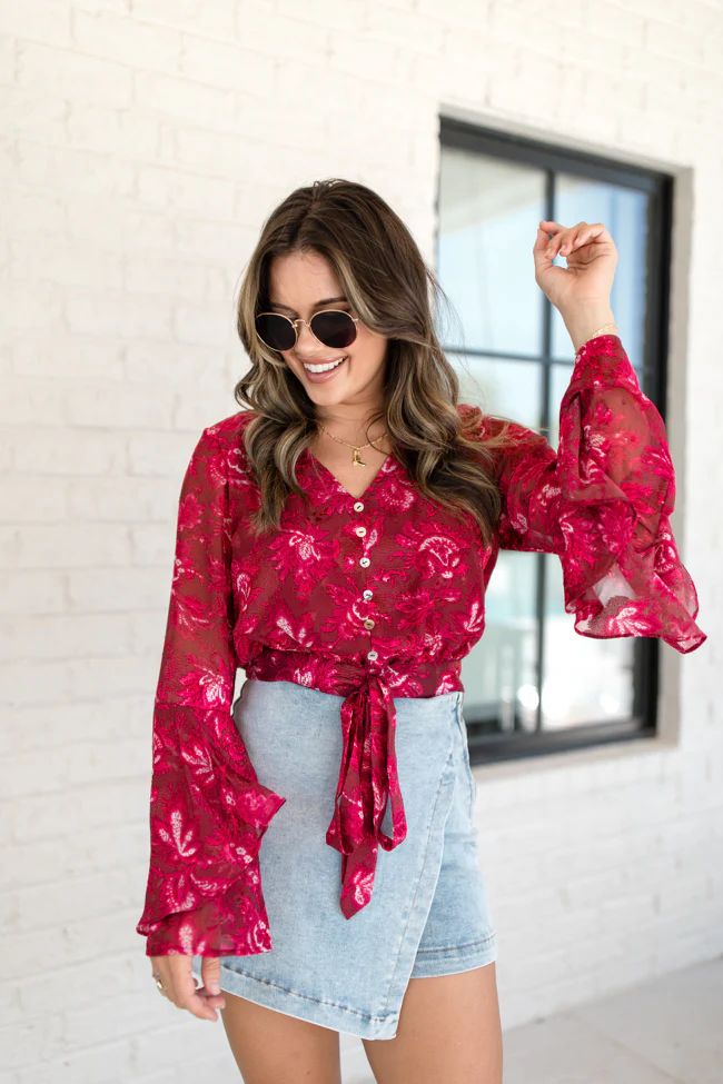 Don't Wait Up Berry Floral Bell Sleeve Tie Front Blouse | Pink Lily