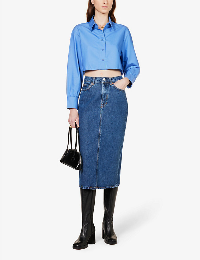 Jayde high-rise organic denim-blend midi skirt | Selfridges