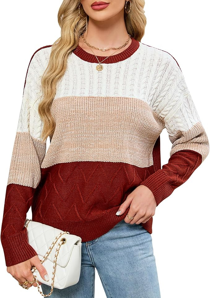 Women's Striped Color Block Sweaters Crewneck Fall Sweater Long Sleeve Oversized Soft Winter Pull... | Amazon (US)