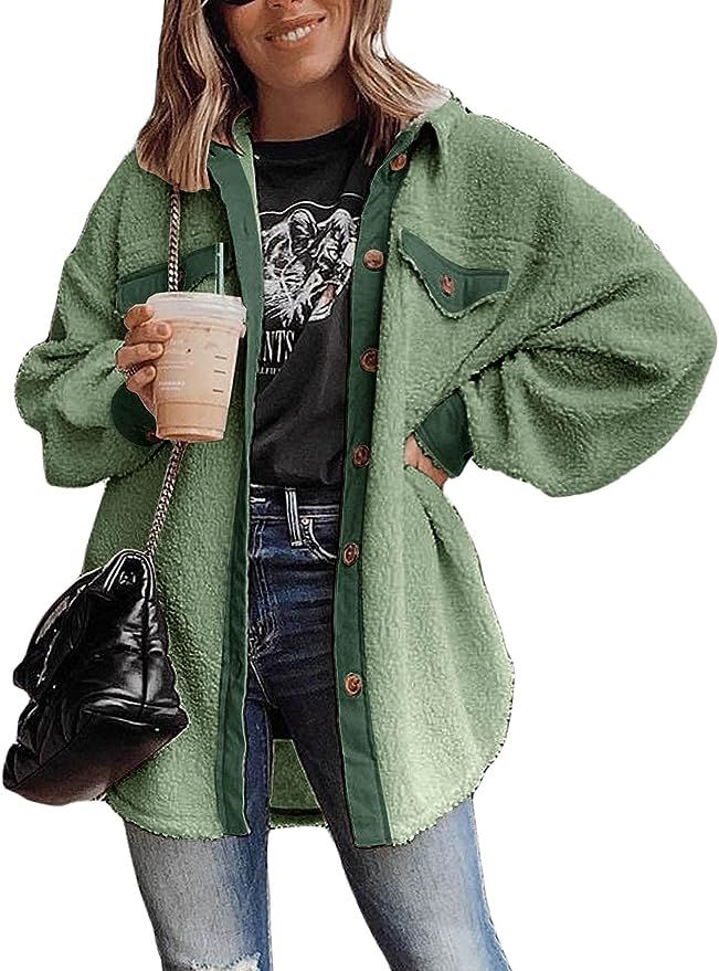 Womens Shacket Jacket Long Sleeve Lapel Button Faux Shearling Shaggy Oversized Coat Jacket | Amazon (US)