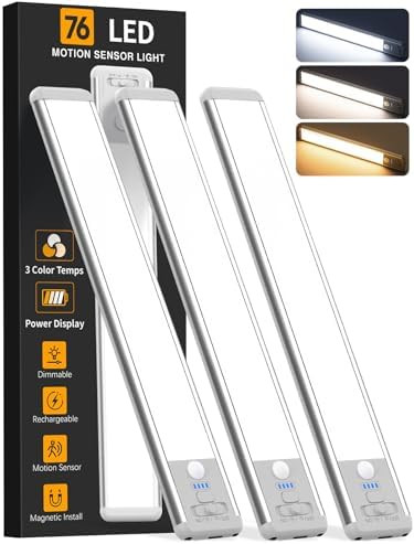 Under Cabinet Lighting Wireless, Rechargeable Motion Sensor Light Indoor, 3 Color Dimmable Closet... | Amazon (US)