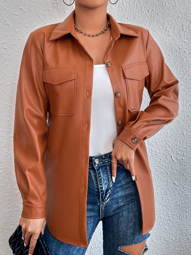 Flap Pocket Belted PU Coat | SHEIN