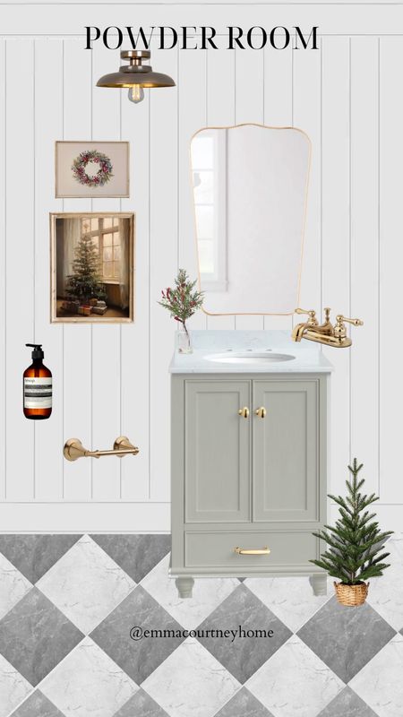 Powder room bathroom mood board styled for the Christmas hokiday/winter season! I included some cute target items and Etsy prints 

I would paint the white vanity in French grey by f&b or similar

Plus this look can be achieved with peel and stick tile and nailing up shiplap very easily and on a budget! Or with real tiles 

I have this peel and stick and it’s great! Holding up so well in my entry 

#LTKHoliday #LTKhome #LTKstyletip