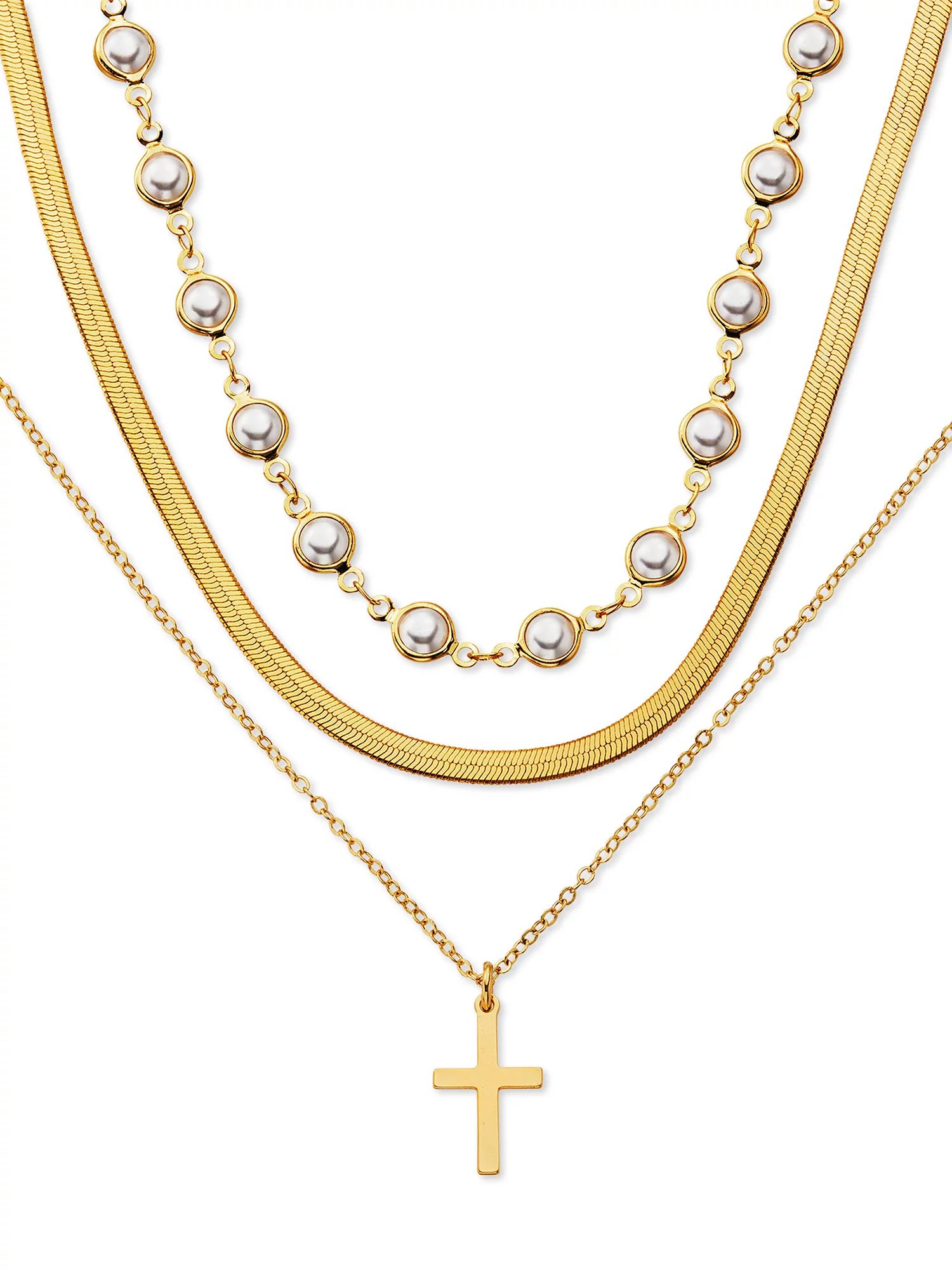 Scoop Brass Yellow Gold-Plated Triple Layered Necklace, 15" + 3" Extender - Walmart.com | Walmart (US)