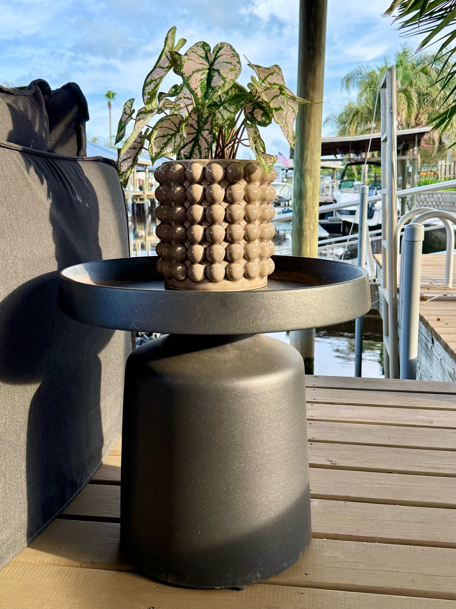 Outdoor living backyard decor knobbed planter side table modern design dock boathouse