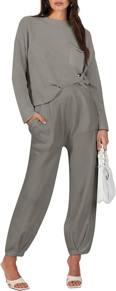 ANRABESS Women's Two Piece Outfits Long Sleeve Knit Top Fall Sweater Set Oversized Pants Tracksui... | Amazon (US)