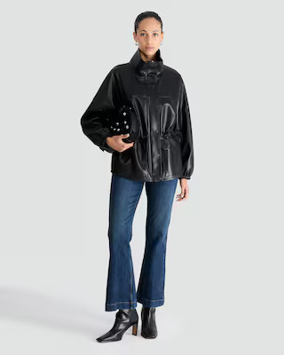 The F&F Edit Faux Leather High Neck Cinched Waist Jacket in Black | Tesco F&F