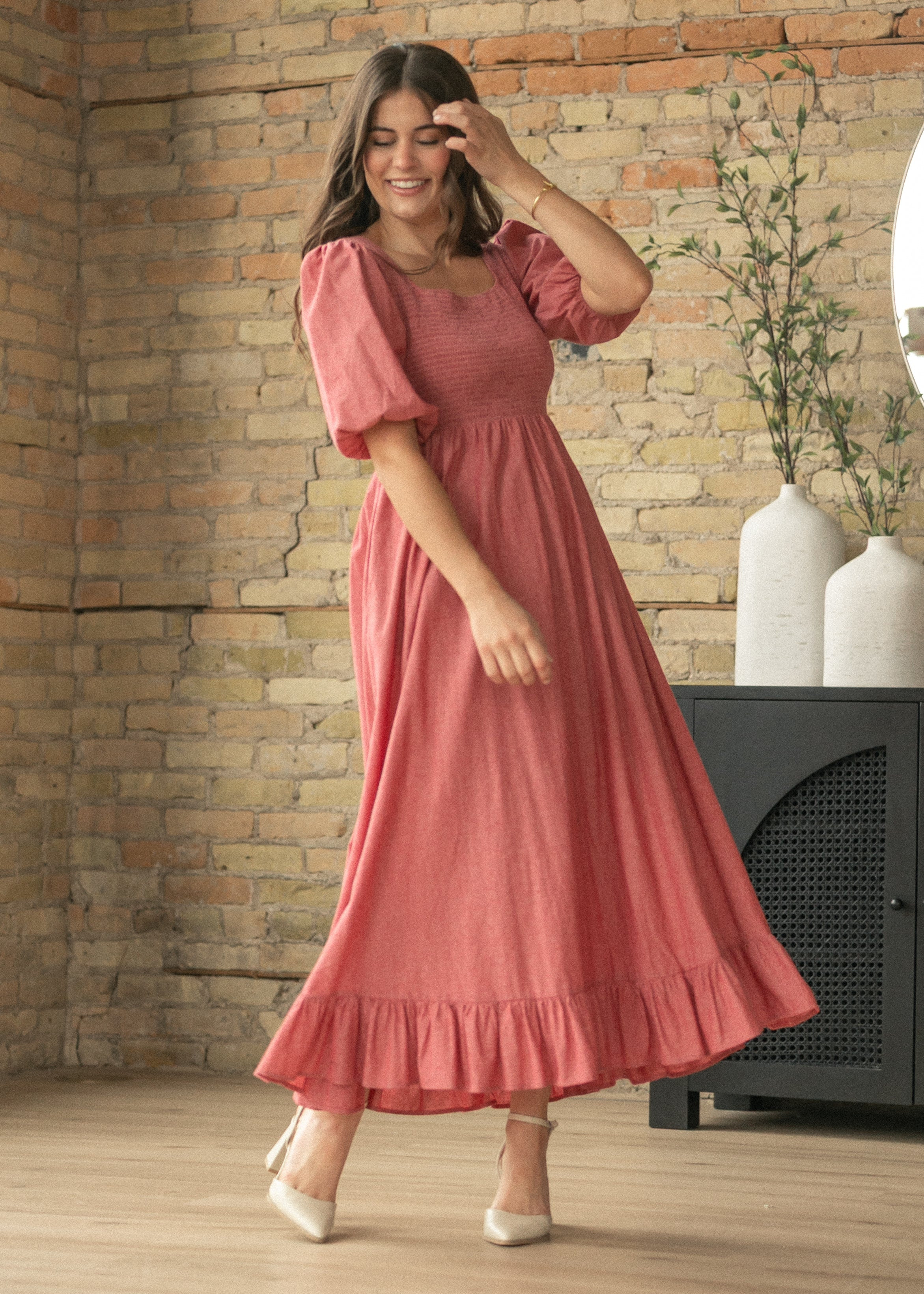 Kayleen Red Smocked Bodice Maxi Dress | Inherit Clothing Co.