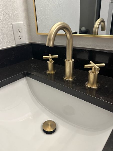 Bathroom accessories // gold widespread faucet and gold arched mirror.  

#LTKhome