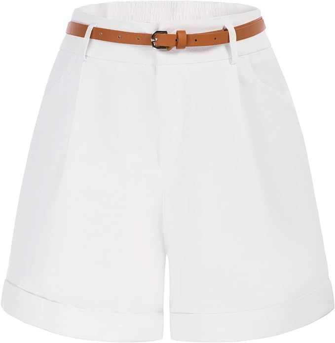 Belle Poque Women Bermuda Shorts Elastic Waist Wide Leg Shorts with Pockets & Belts | Amazon (US)