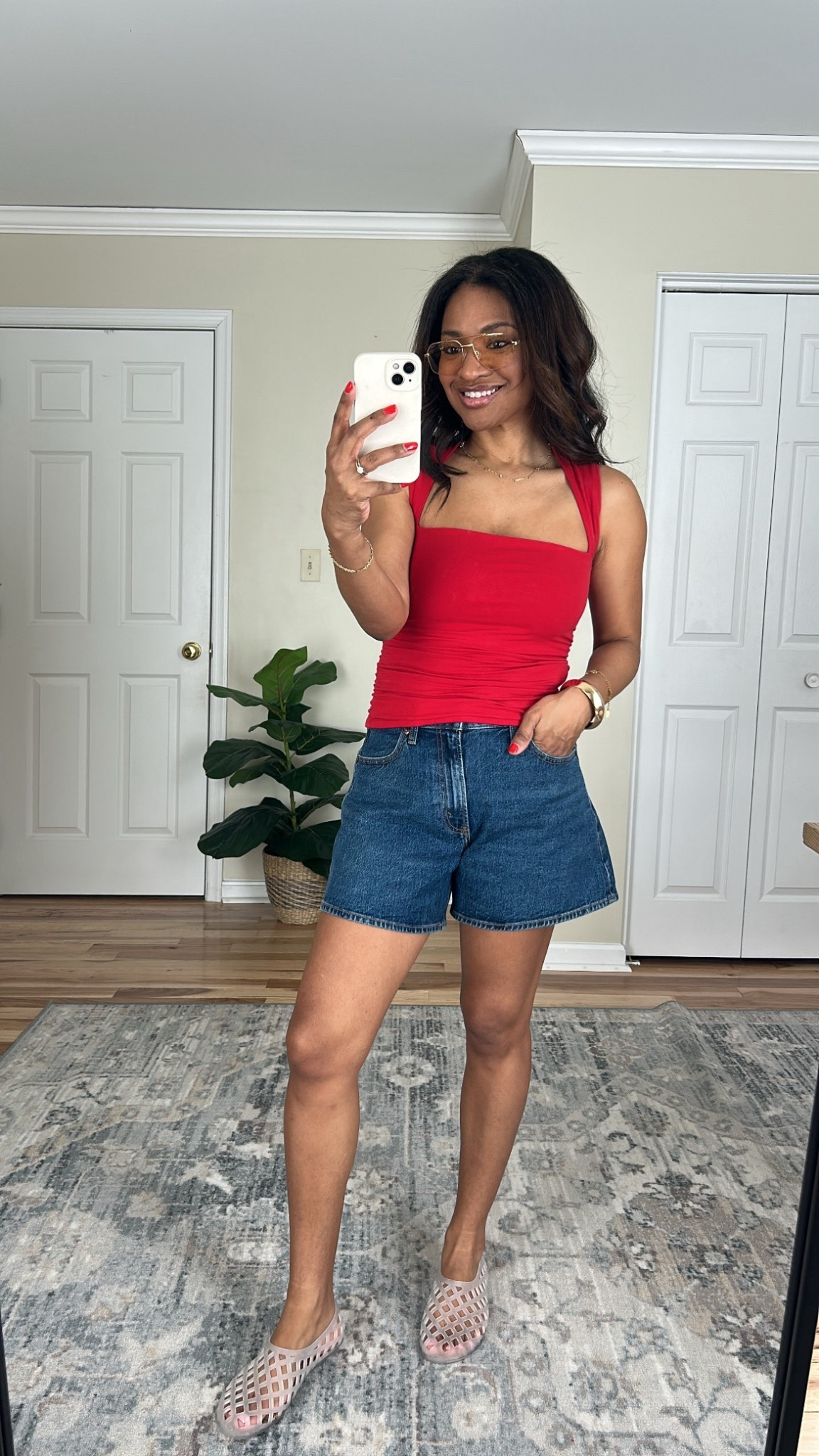 I’m wearing a size small in the Ava top. I just wear the Amazon nipple covers instead of a bra and I’ve also linked those. I’m wearing a size 27 regular in the curve love dad shorts. ￼ #abercrombiepartner @abercrombie 

#LTKSpringSale #LTKootd #LTKOver40