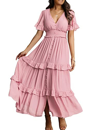 Amegoya Women's V Neck Summer Boho Maxi Dress Wedding Guest Tiered Ruffle Sleeve Long Flowy Dresses (Pink M) | Amazon (US)