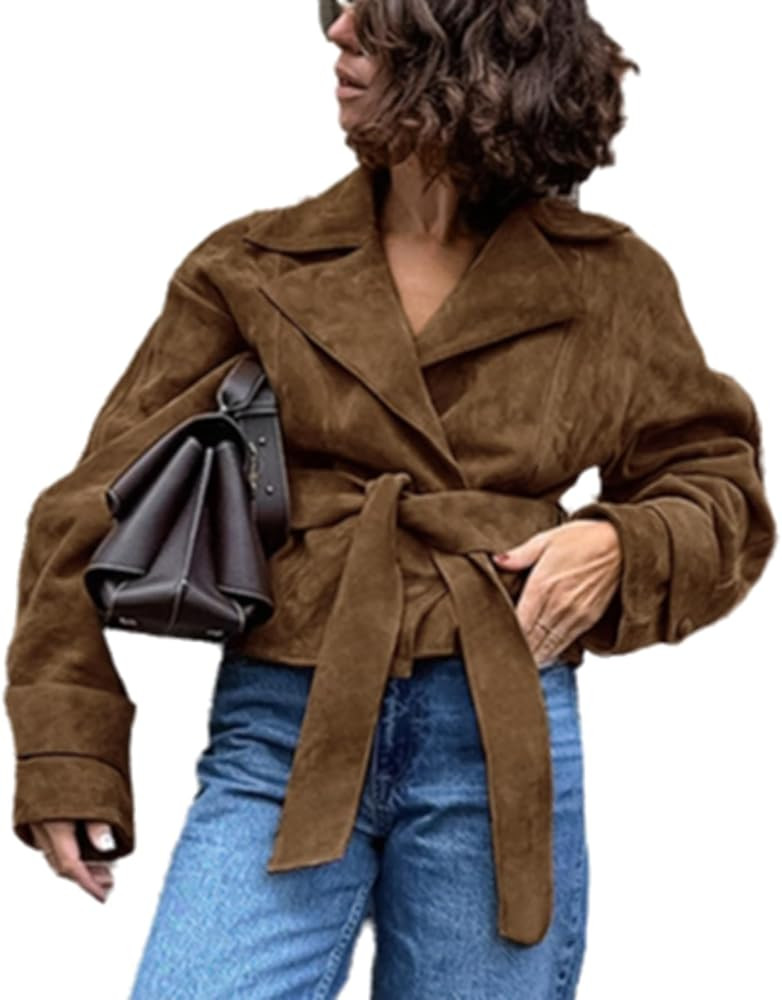 RISCUYY Suede Jacket Women Brown Belted Long Sleeve Lapel Button Down Cropped Faux Suede Jacket W... | Amazon (US)