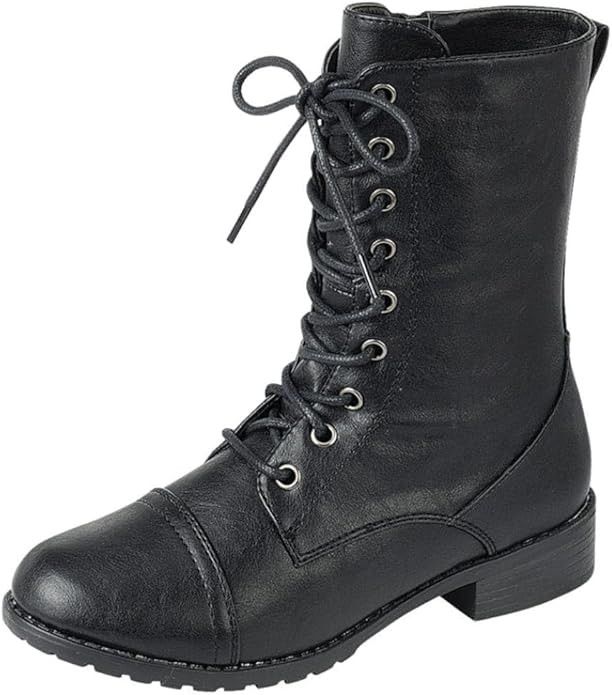 Forever Link Womens Round Toe Military Lace up Knit Ankle Cuff Low Heel Combat Boots | Amazon (US)