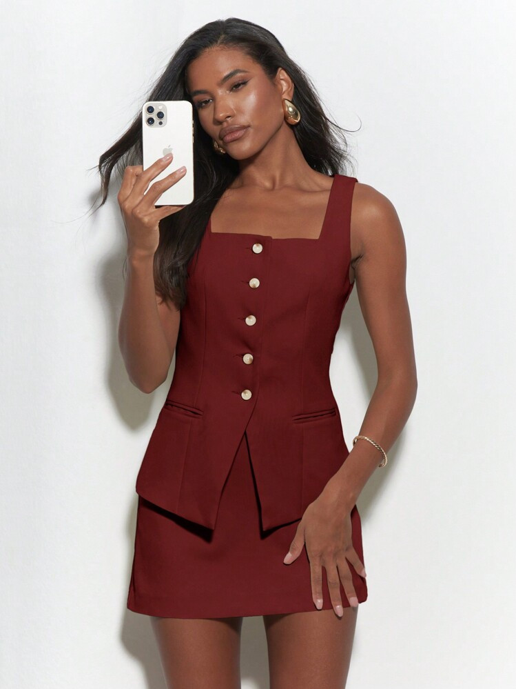 MISSGUIDED Button Front Two Piece Mini Dress Set Square Neck Sleeveless Tailored Vest Top With High Waist A Line Skirt Office Business Wear Party Cocktail Outfit Autumn Winter Collection Christmas | SHEIN
