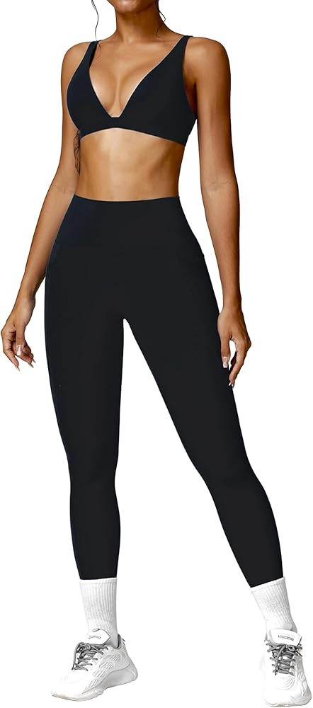 ABOCIW Workout Sets for Women Twist Front Halter Sports Bras High Waist Legging 2 Piece Exercise ... | Amazon (US)