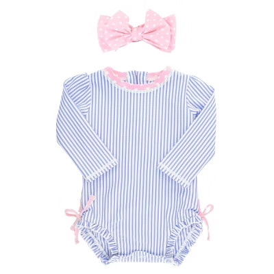 RuffleButts Periwinkle Blue Seersucker Long Sleeve Rash Guard One Piece & Bow Headband Set | Target