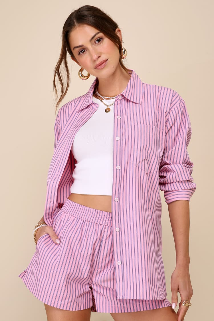 Caral Pink and Blue Striped Boxer-Style Shorts | Lulus