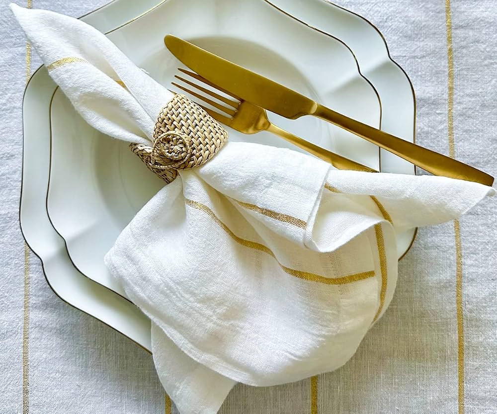 White Linen Napkins Set of 4, Metallic Thread Gold Napkins, 100% Pure Linen Napkins Cloth Washabl... | Amazon (US)