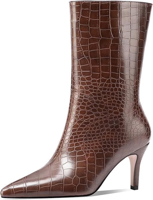 Mid Calf Boots Women Crocodile Leather Boot Stiletto Heel Wide Calf Booties | Amazon (US)