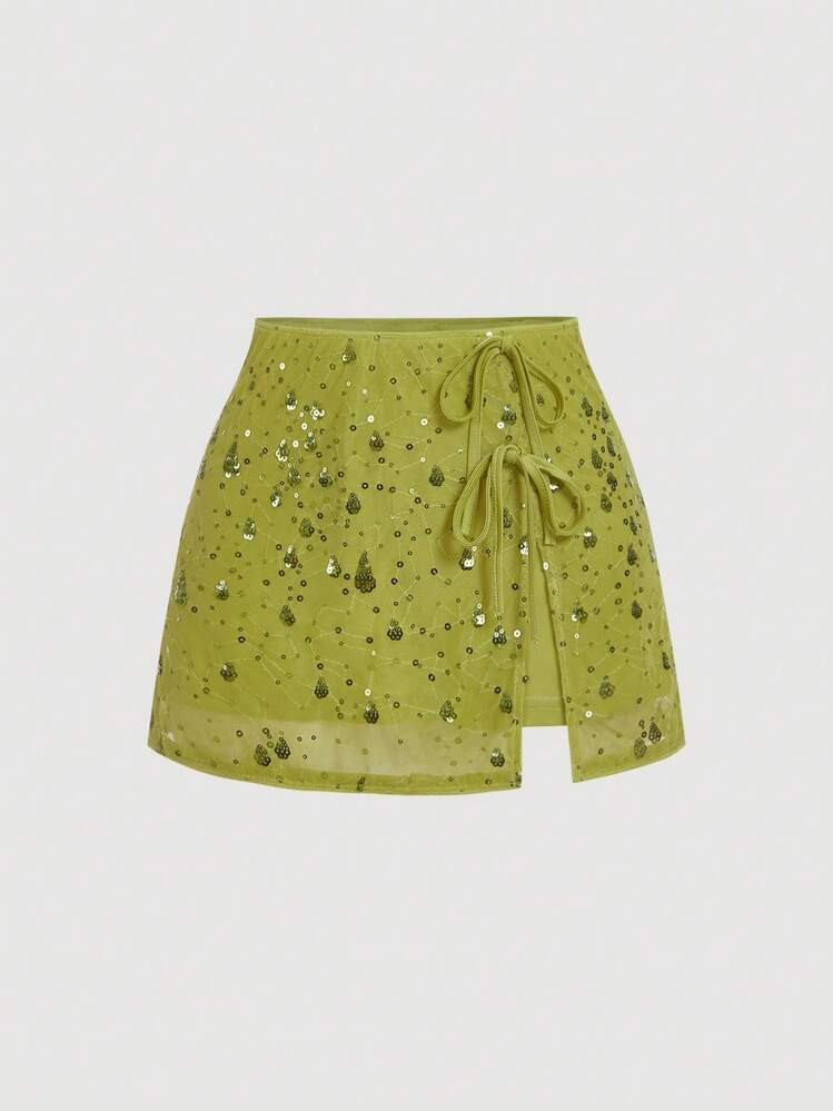 SHEIN MOD Plus Size Women's Green Sequins Butterfly Tie Waist Mini Skirt,Western Wear Women,Vacation,Beach,Boho,Western,Birthday For Women,Country Concert,Rave,Old Money Style Women,Fairycore,Sequin Skirt,Bow Skirt,Skirt Summer,Bohemian,Back To School | SHEIN