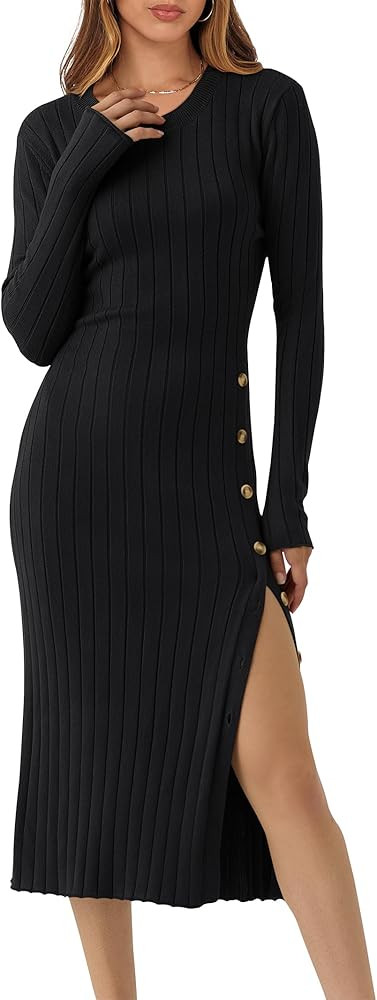 ANRABESS Womens 2025 Fall Long Sleeve Midi Dress Ribbed Knit Bodycon Fitted Button Down Wedding G... | Amazon (US)