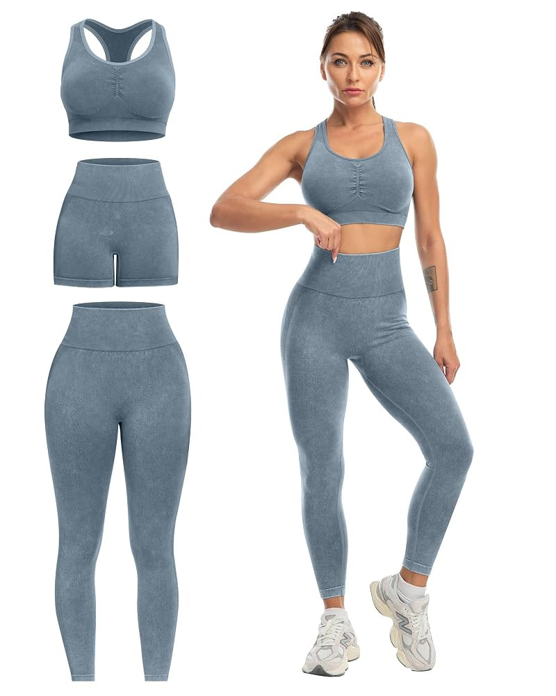 3 Piece Workout Sets for Women Butt Lifting Leggings with High Impact Sports Bra Gym Shorts | Amazon (US)
