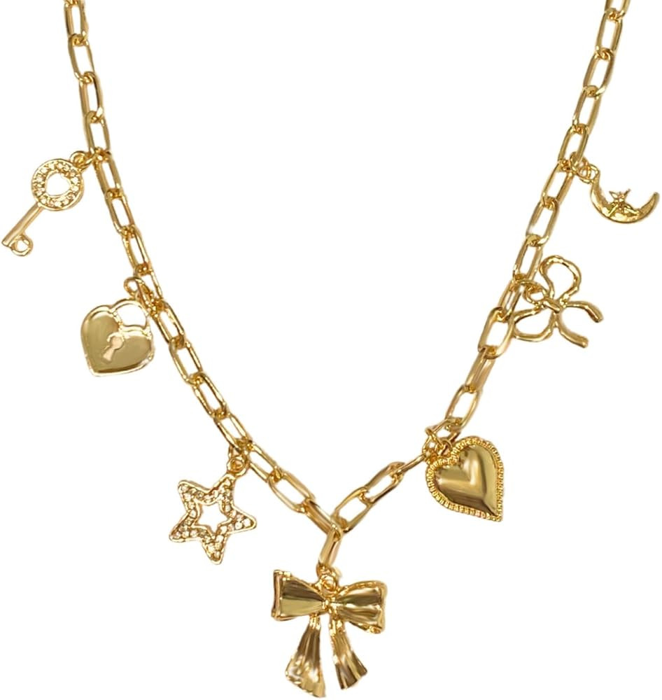 Gold Charm Necklaces for Women, 18K Gold Plated Bow Pendant Necklace Gold Heart Chain Aesthetic S... | Amazon (US)