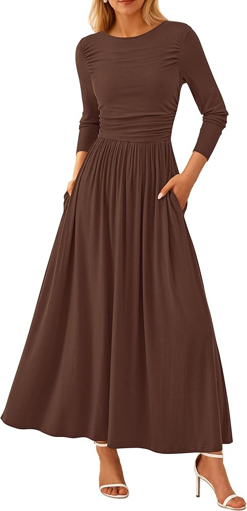 PRETTYGARDEN Women's 2025 Spring Casual Long Sleeve Maxi Dresses Crewneck Ruched A Line Flowy Ele... | Amazon (US)