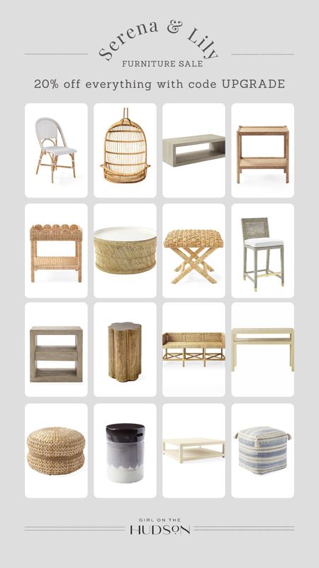 Serena & lily furniture sale 

Side table, Woden ottoman, counter stools, dining chair, kitchen chair, hanging rattan chair, table, pouf 

#LTKhome #LTKsalealert