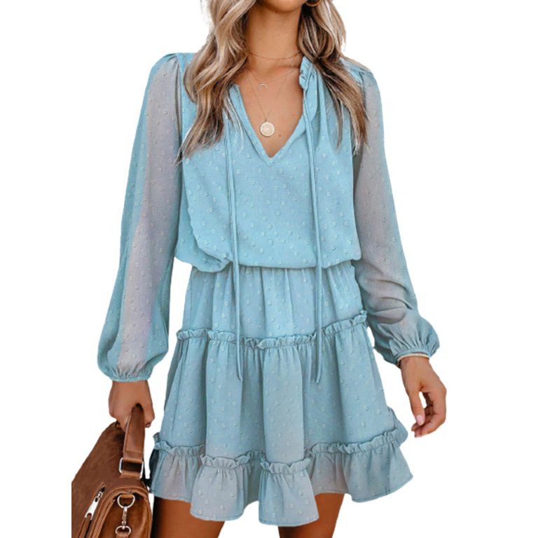 Dokotoo Womens Sky Blue Split V Neck Ruffle Chiffon Mini Short Skirt Dresses Size Medium US 8-10 | Walmart (US)