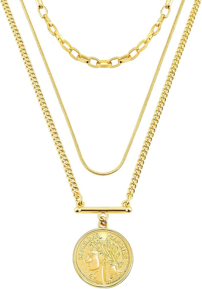 Gold Sliver Chain Necklace for Women - 14k Gold Plated - Thick Chain - Multilayer Long Necklace | Amazon (US)