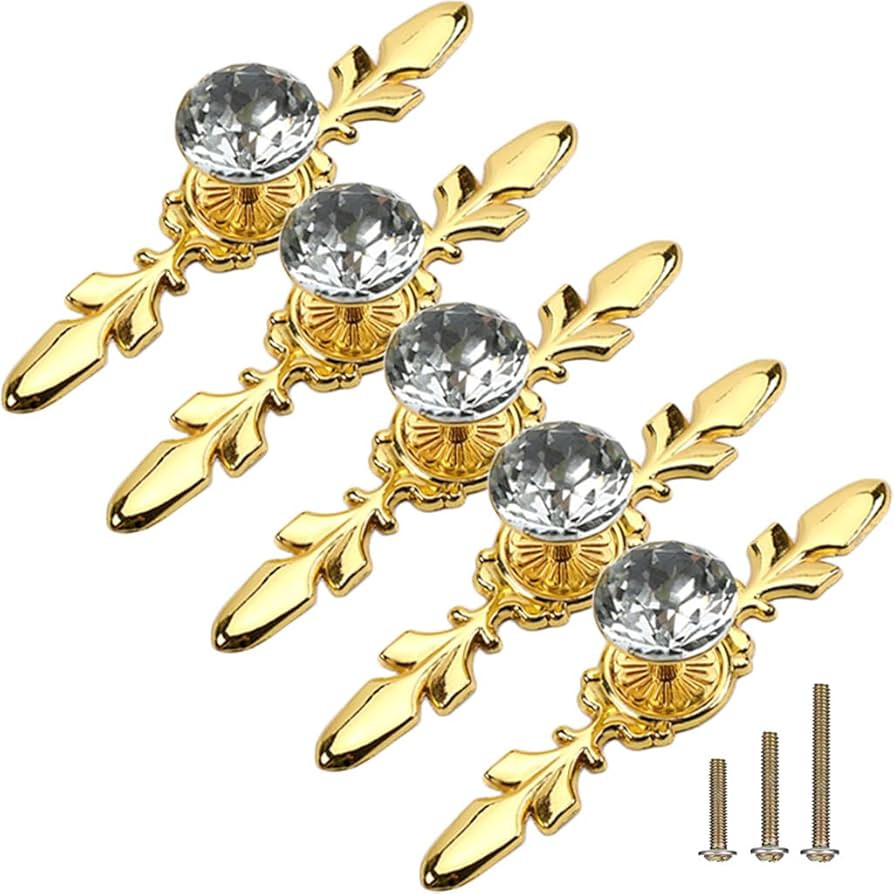 5 Pack Gold Diamond Clear Crystal Glass Decorative Knobs with Plate,Drawer Dresser Pulls Handles ... | Amazon (US)