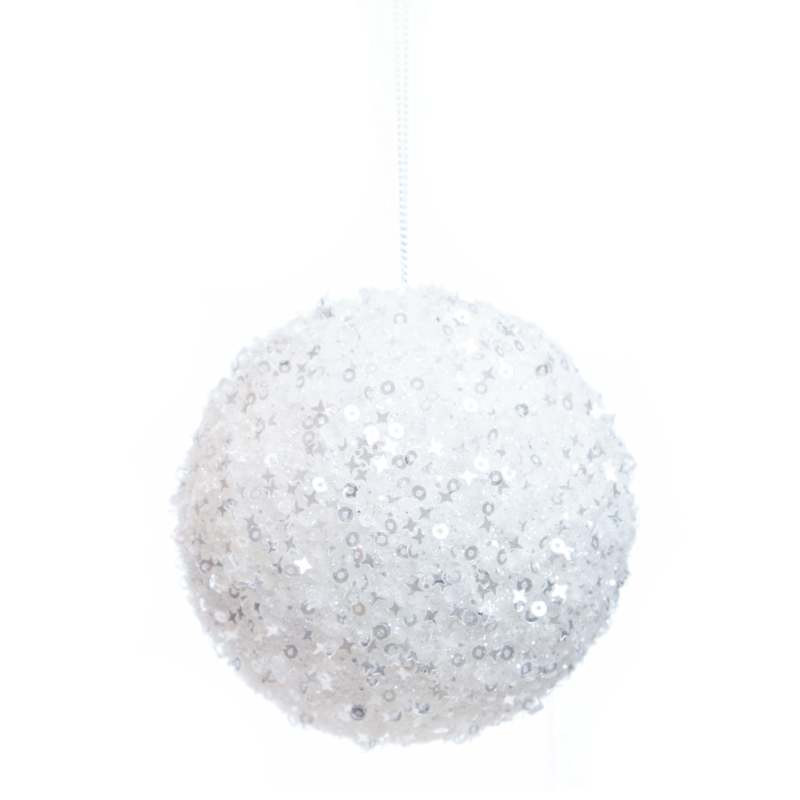 White Glitter & Sequin Ball Ornament, 3.5" | At Home