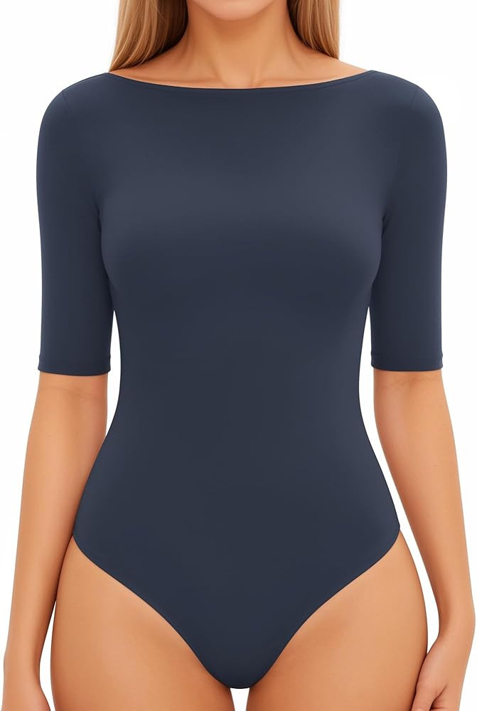 MANGOPOP Women's Half Sleeve Boat Neck Bodysuit 3/4 Sleeve Body Suit Fitted Going Out Tops 2026 | Amazon (US)