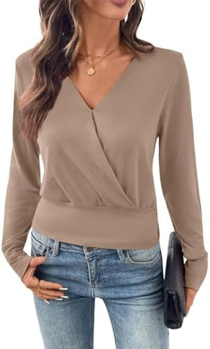 EVALESS Fall Tops for Women 2026 Long Sleeve Wrap Blouses | Crossover Front,V Neck,Ruched Waist, ... | Amazon (US)