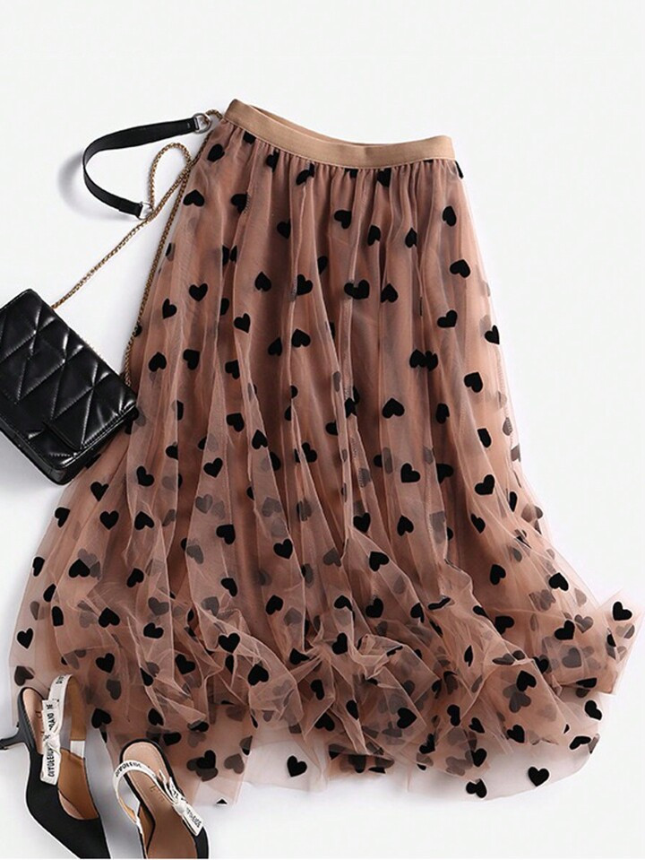 Heart Print Mesh Overlay Skirt | SHEIN