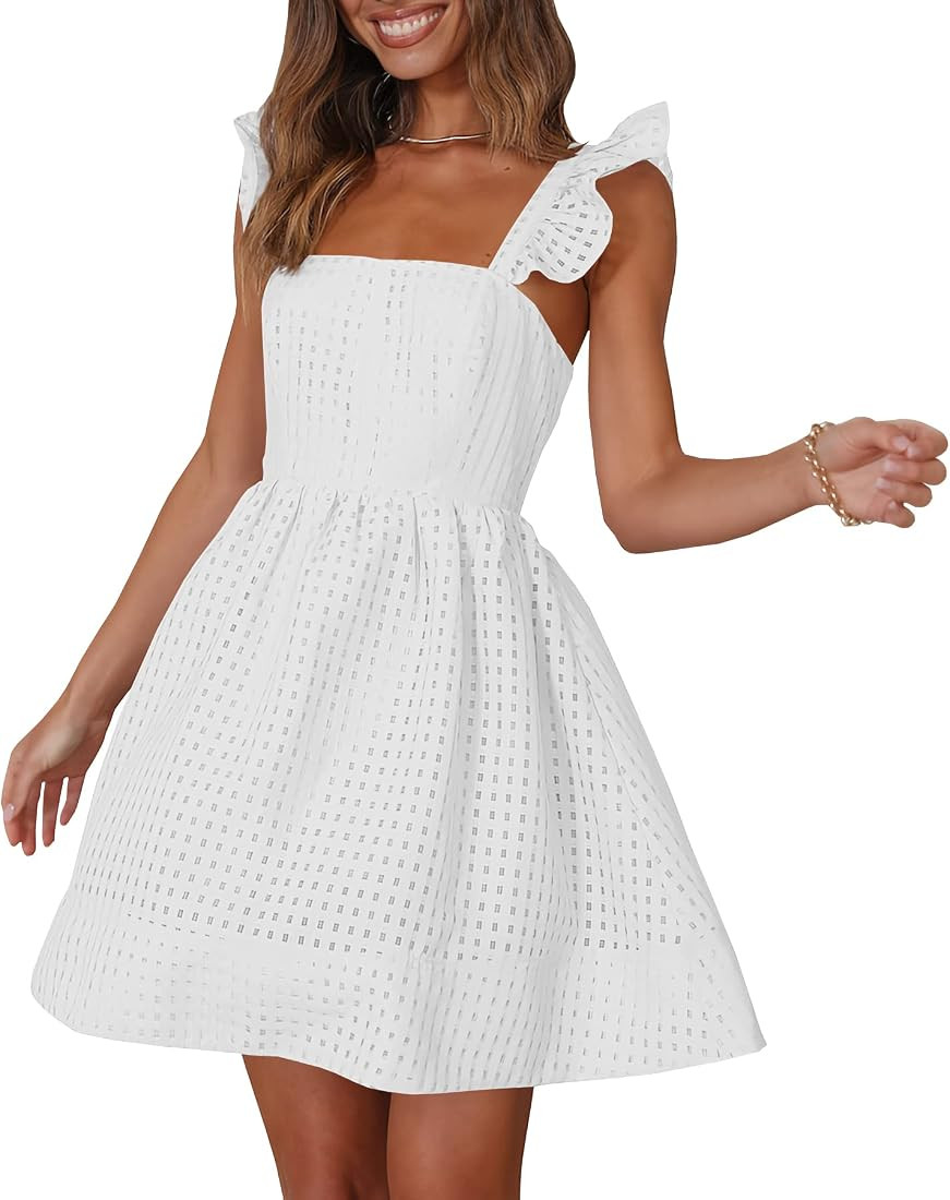 Ferlema Womens Open Back Summer Short Dress Casual Plaid Strap Sleeveless Square Neck Ruffle A Li... | Amazon (US)