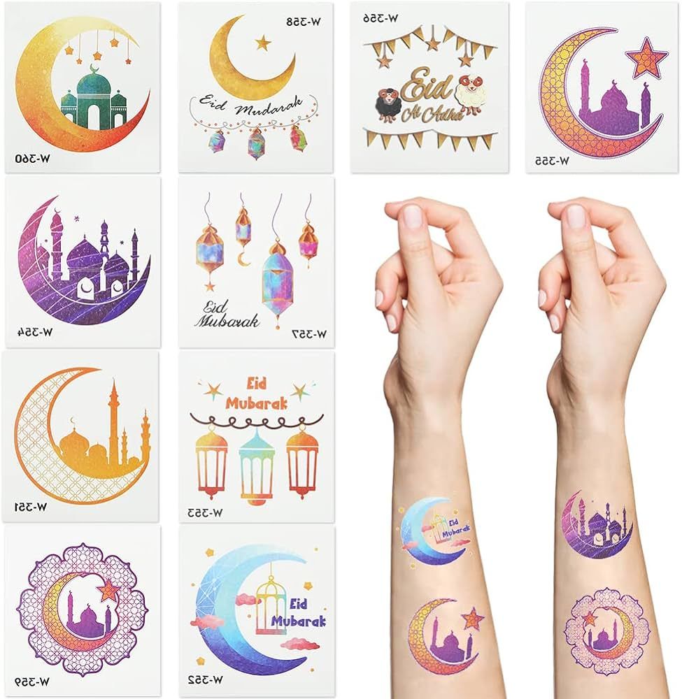 Eid Mubarak Temporary Tattoo for kids,10 Sheets Islamic Vinyl Stickers Face Tattoo Stickers for K... | Amazon (US)