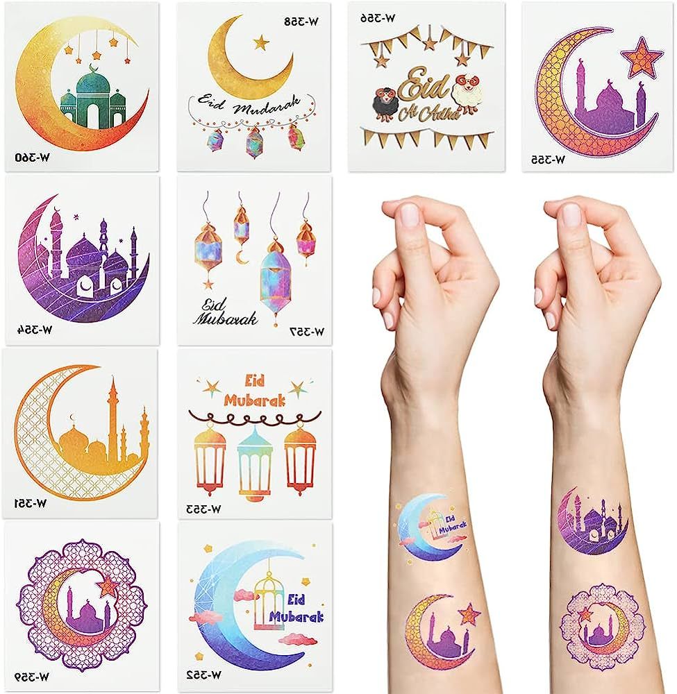 Eid Mubarak Temporary Tattoo for kids,10 Sheets Islamic Vinyl Stickers Face Tattoo Stickers for K... | Amazon (US)