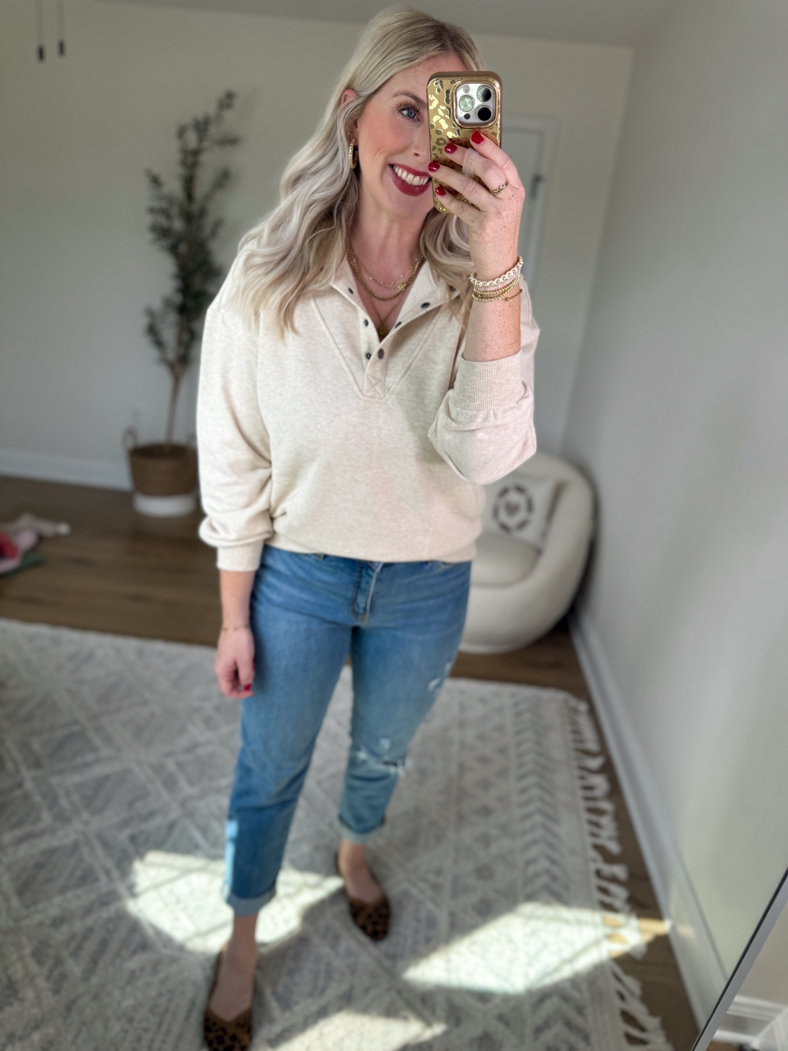 Daily try on, Walmart outfit, Walmart fashion, Walmart try on, time and tru, henley pullover, boyfriend jeans, leopard flats 

Medium 

#LTKFindsUnder50 #LTKStyleTip #LTKShoeCrush