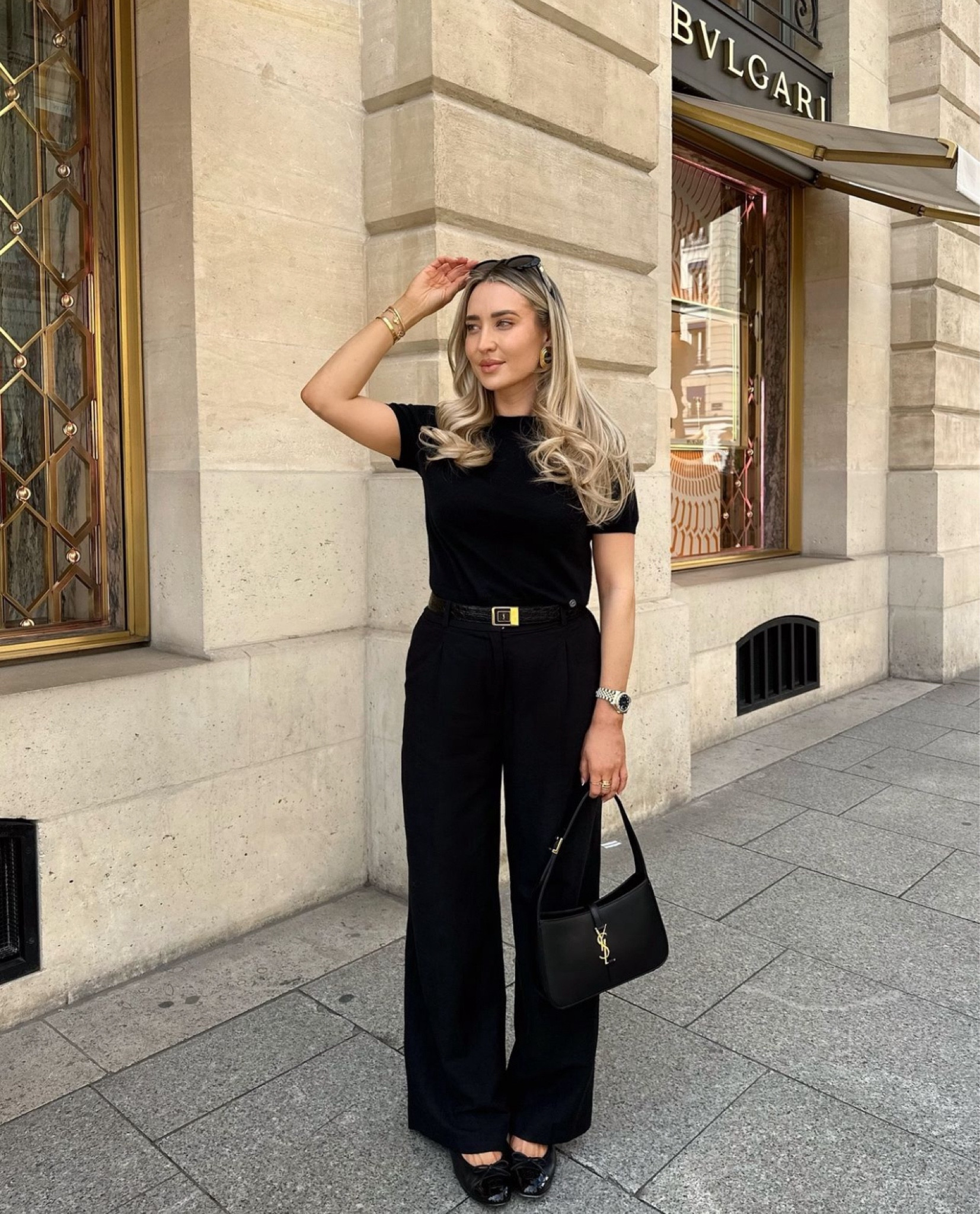 City Summer Looks - all black chic, black top, tailored trousers and ballet flats, with black Hermes, YSL and Celine accessories 

#LTKsummer #LTKluxury