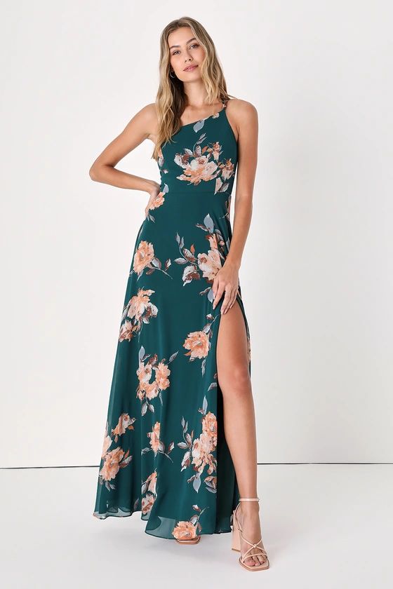 Blessed Blooms Emerald Floral One-Shoulder Maxi Dress | Lulus (US)