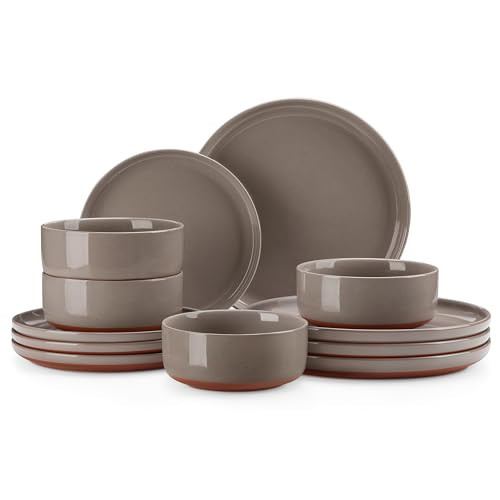 MALACASA Plates and Bowls Sets, 12 Pieces Modern Stoneware Dinnerware Set for 4 Kitchen Dinner Set Ceramic Dishware Dishes Set Microwave and Dishwasher Safe, Brown, Series TARA | Amazon (US)