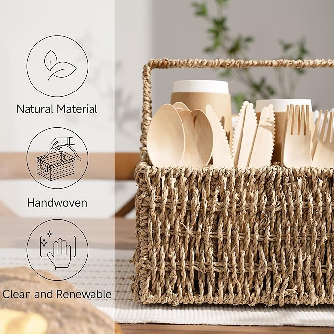 StorageWorks Wicker Silverware Organizer with Handle, Seagrass Kitchen Utensil Holder, Large Uten... | Amazon (US)