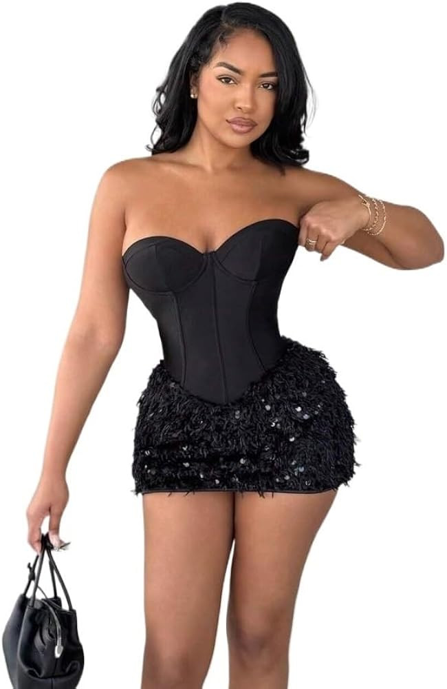 Women's Solid Color Bustier Faux Fur Hem Fitted Mini Dress | Amazon (US)