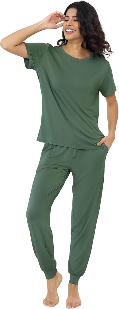 Joyaria Women's Bamboo Viscose Pajamas Short Sleeve Round Neck Top & Jogger Pajama Pants with Poc... | Amazon (US)